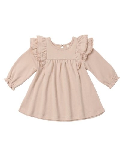 LONG SLEEVE FLUTTER DRESS DUSTY ROSE