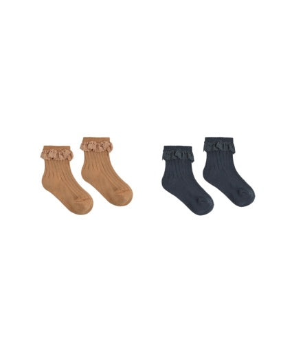 LACE TRIM SOCKS, 2-PACK FAWN, MIDNIGHT