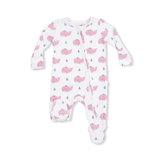 Bubbly Whale with Bow Pink - 2 Way Ruffle Back Zipper Footie