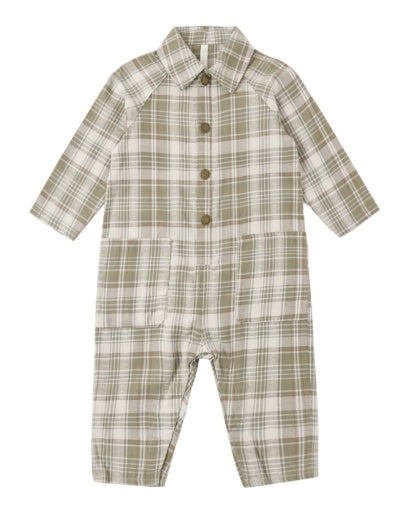 COLLARED BABY JUMPSUIT (OLIVE DOBBY PLAID)