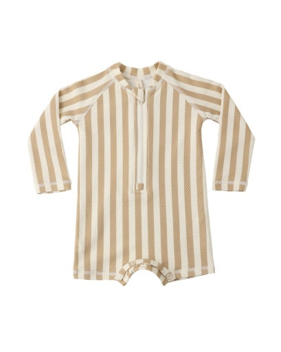 LONG SLEEVE ONE-PIECE RASHGUARD RETRO LATTE STRIPE