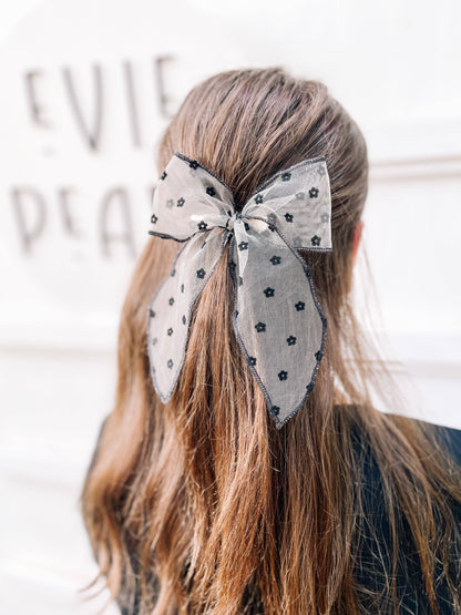 Black Flower Swiss Dot Oversized Bow
