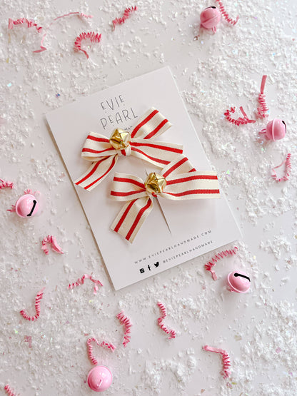 Jingle Bell Red Stripe Small Bow Pigtail Set