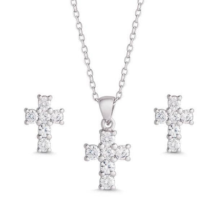 CZ Cross Pendant And Stud Earrings Set In Sterling Silver