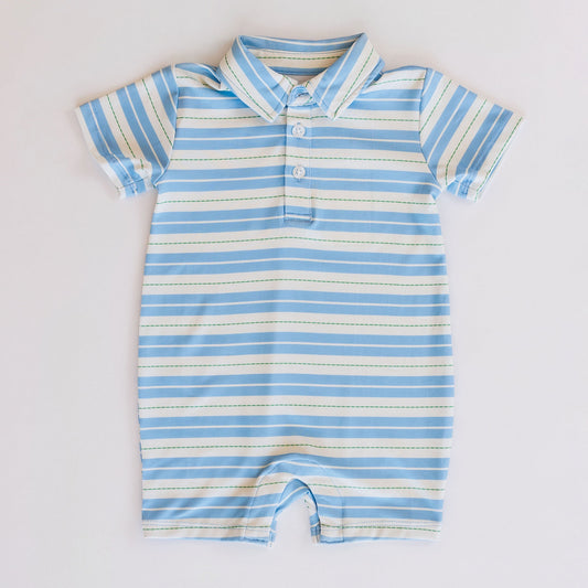 Knox Romper (Blue & Green Ticking Stripe)