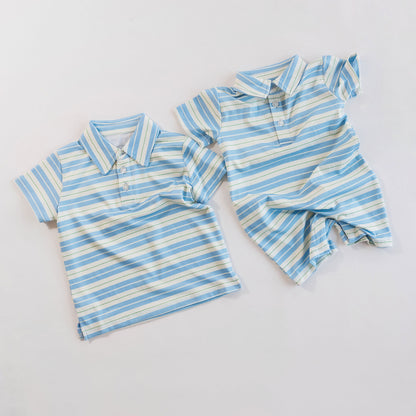 Knox Romper (Blue & Green Ticking Stripe)