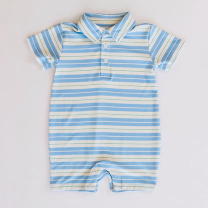 Knox Romper (Blue & Green Ticking Stripe)