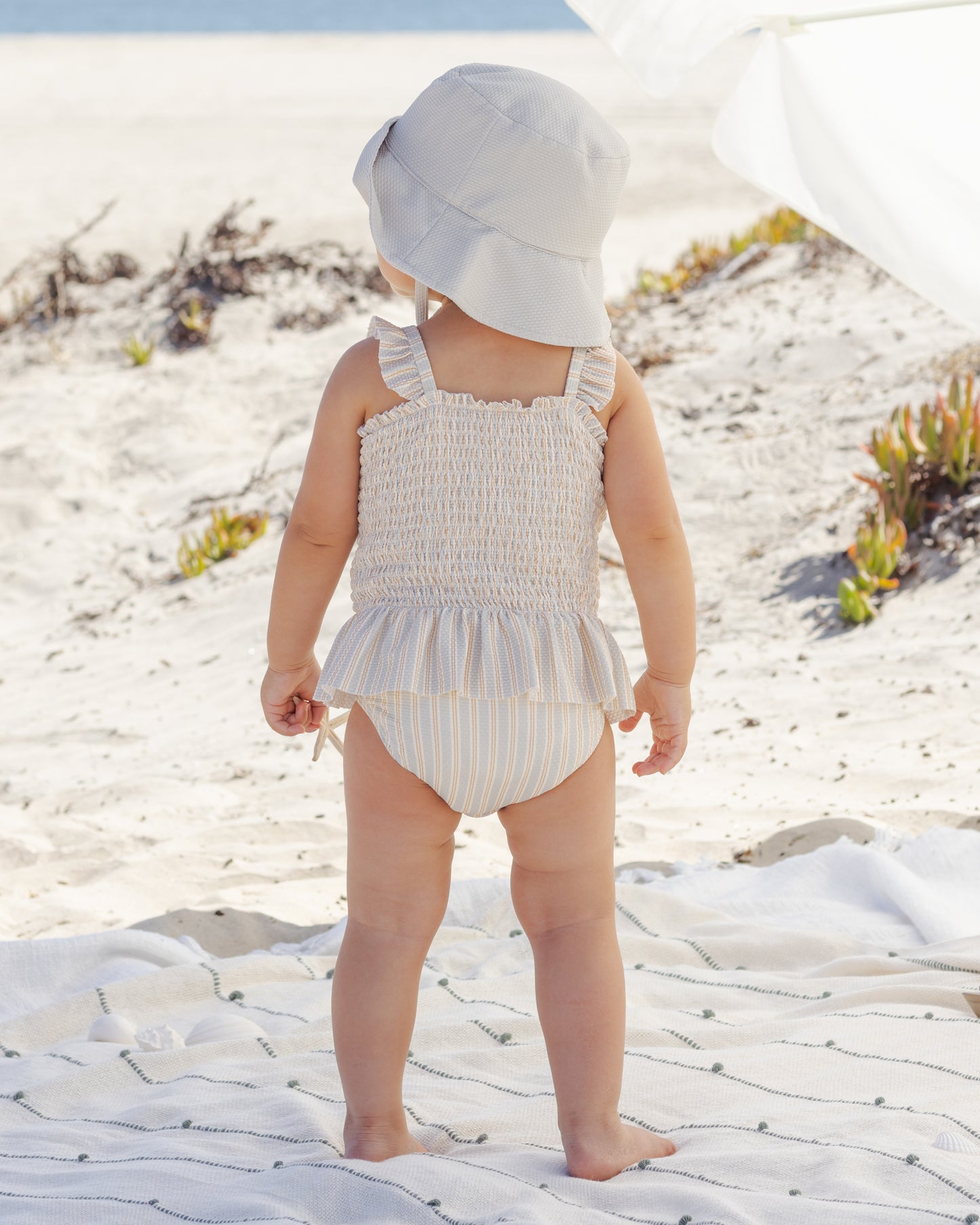 SMOCKED ONE-PIECE SWIMSUIT BLUE + BUTTERSCOTCH STRIPE