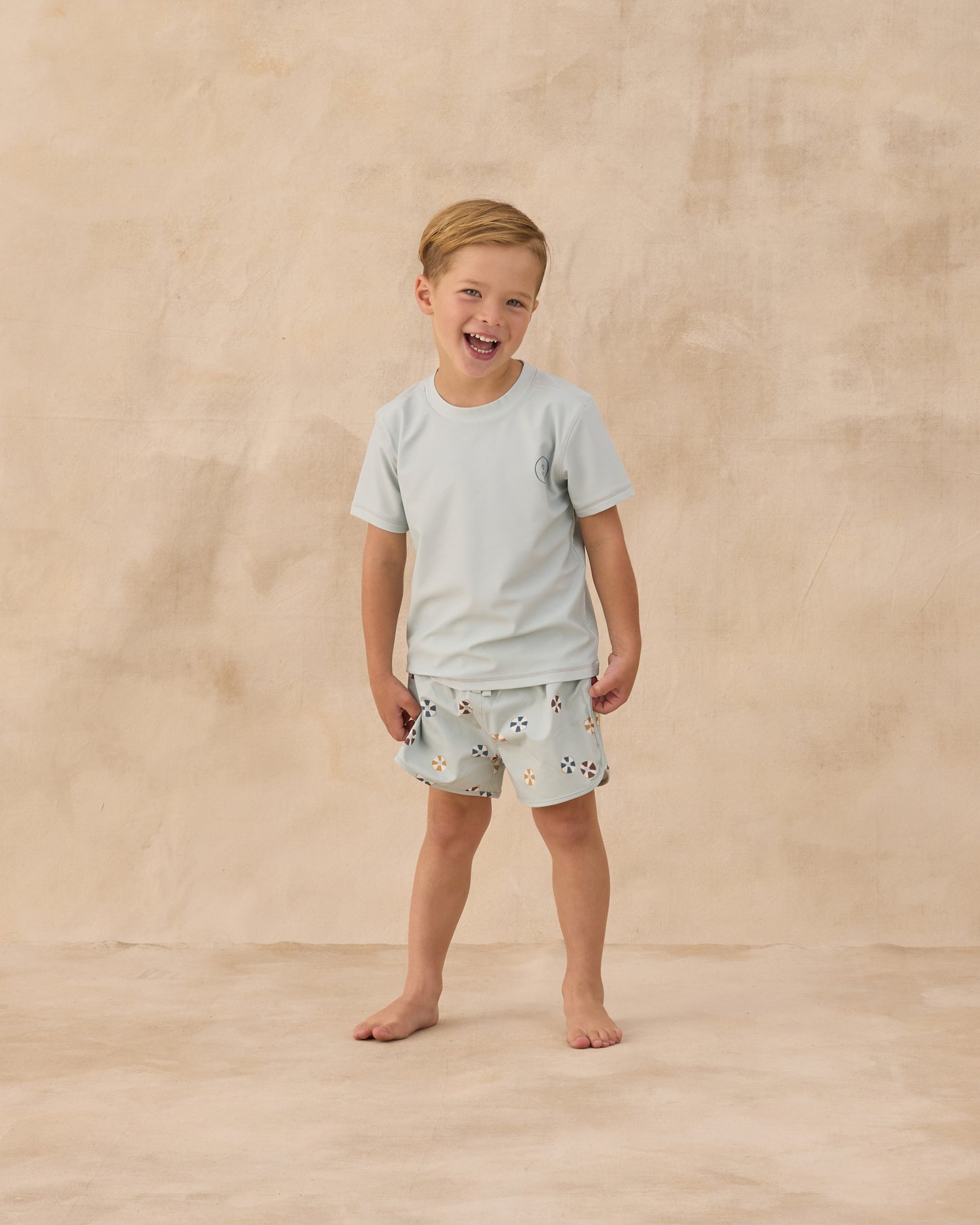 BOYS SWIM SHORT BLUE + BUTTERSCOTCH STRIPE