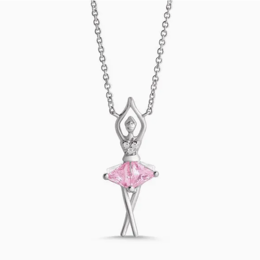 Pink & White Cz Ballerina Necklace in Sterling Silver