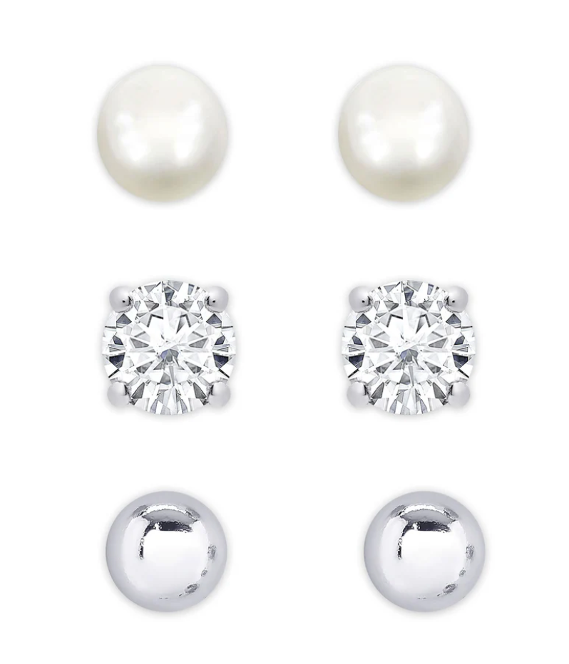 Freshwater Pearl & CZ Stud Set in Sterling Silver