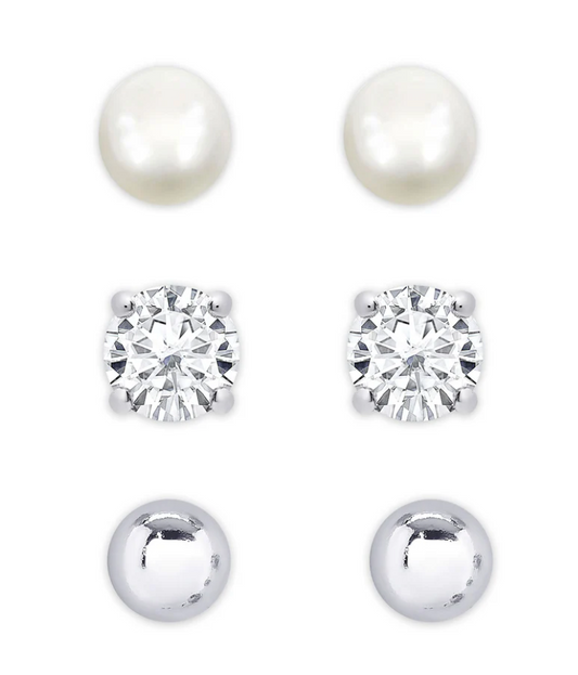Freshwater Pearl & CZ Stud Set in Sterling Silver