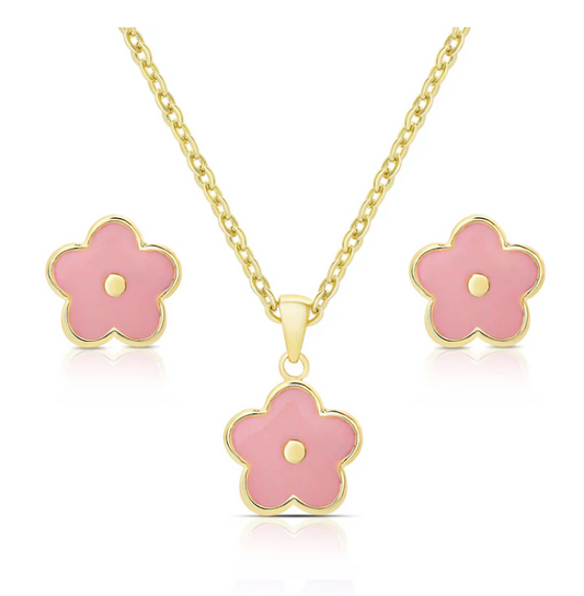 Flower Pendant & Earrings Set (Pink)