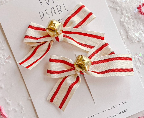 Jingle Bell Red Stripe Small Bow Pigtail Set