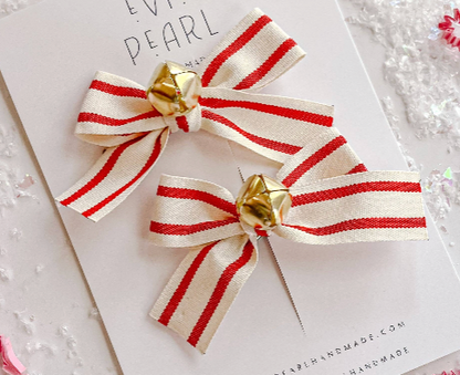 Jingle Bell Red Stripe Small Bow Pigtail Set