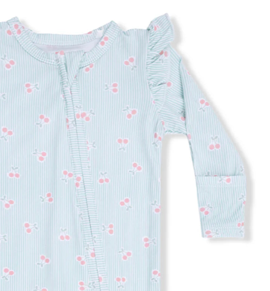 Tiny Cherry Stripe 2 Way Ruffle Sleeve Zipper Footie