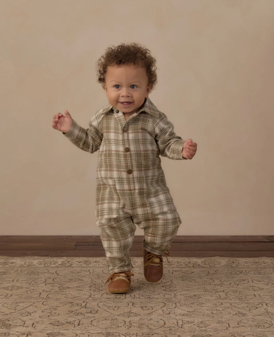 COLLARED BABY JUMPSUIT (OLIVE DOBBY PLAID)
