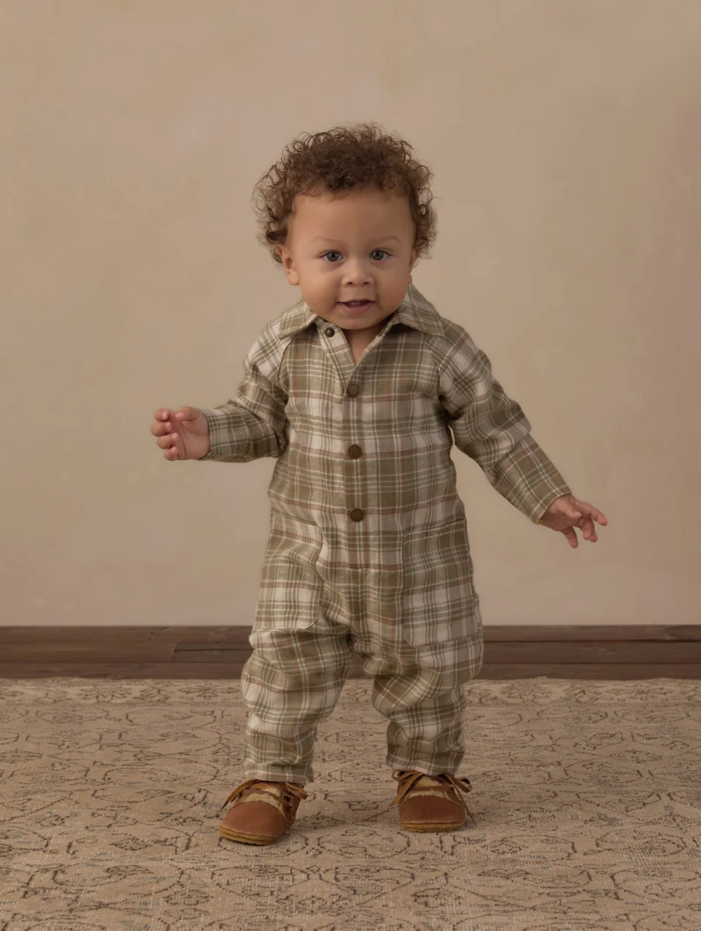 COLLARED BABY JUMPSUIT (OLIVE DOBBY PLAID)