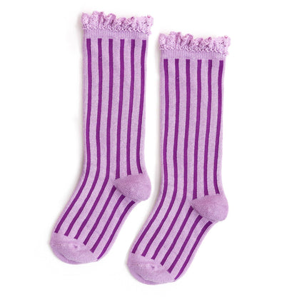 Lace Top Knee High Socks - Wisteria Purple Stripe