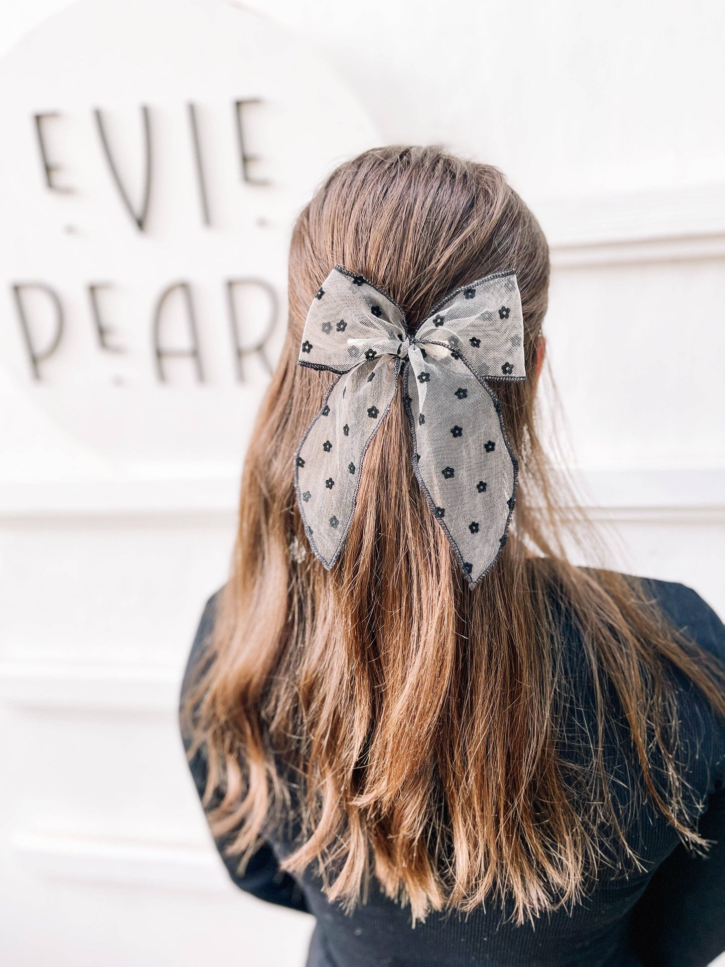 Black Flower Swiss Dot Oversized Bow