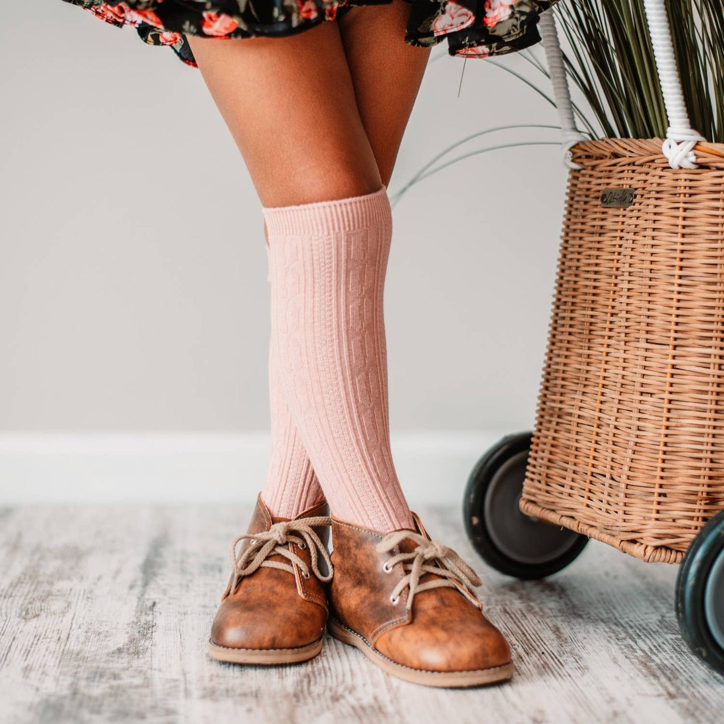 Cable Knit Knee High Socks - Blush
