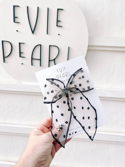 Black Flower Swiss Dot Oversized Bow