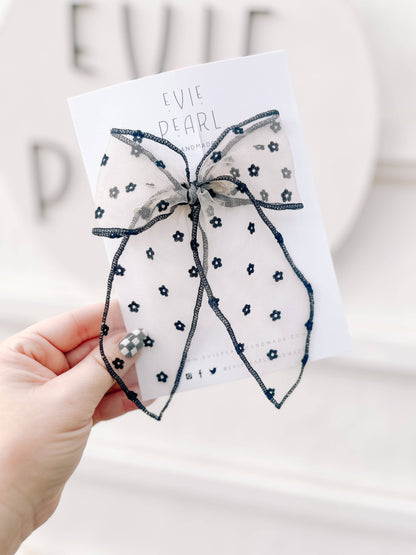Black Flower Swiss Dot Oversized Bow