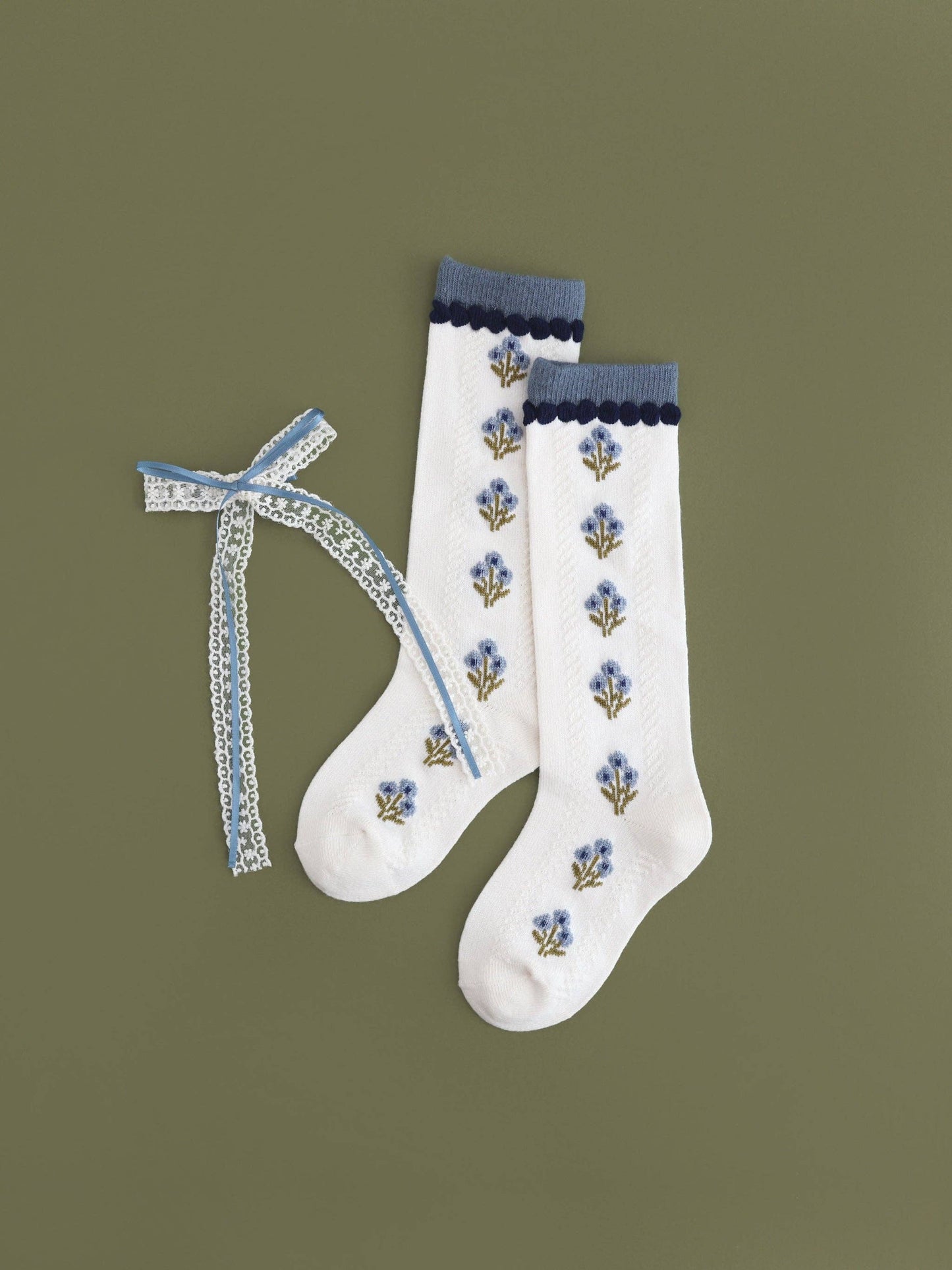 Ivory/Denim Floral Knee High Socks