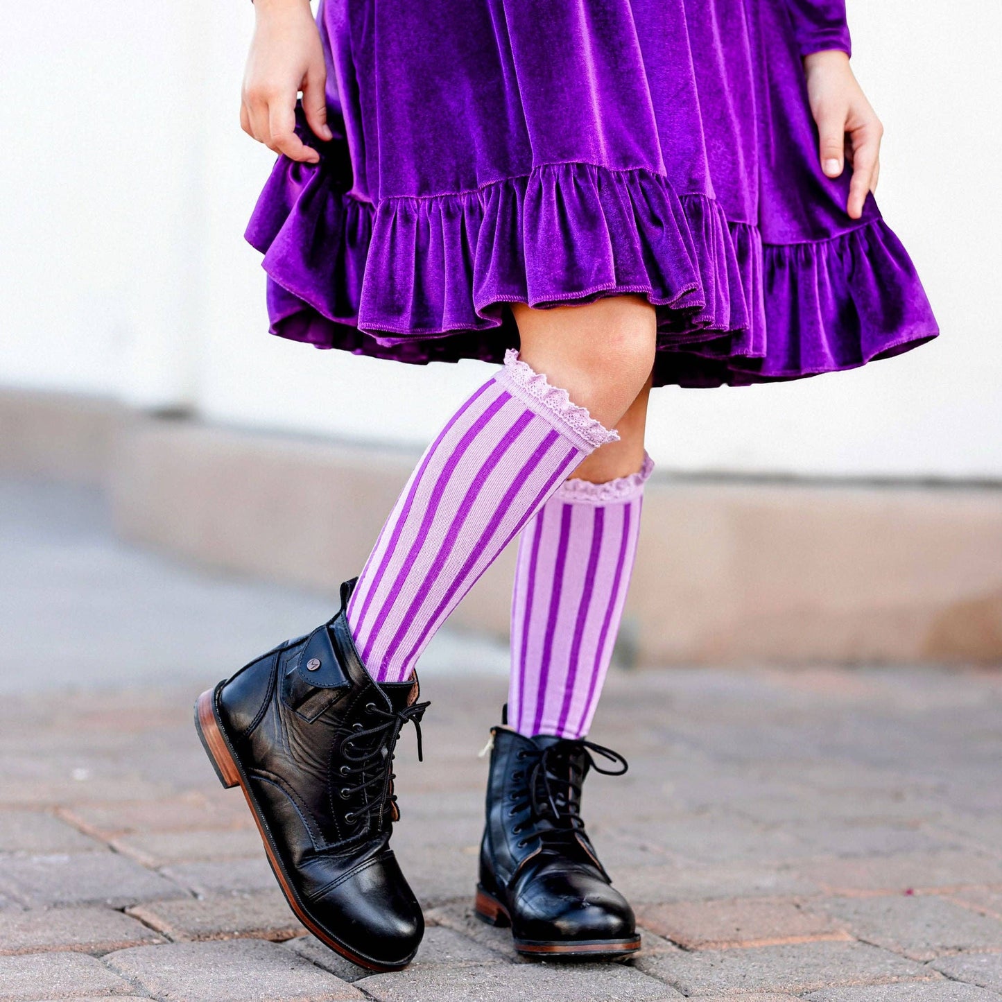 Lace Top Knee High Socks - Wisteria Purple Stripe