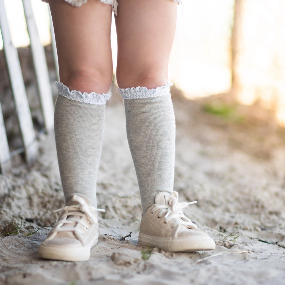 Lace Top Knee Highs - GRAY/WHITE