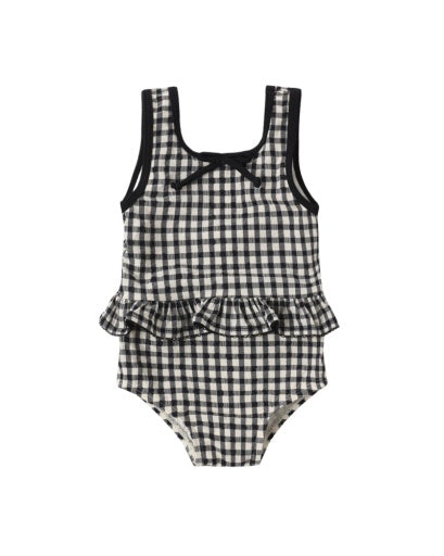 SKIRTED ONE-PIECE BLACK GINGHAM