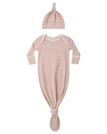 KNOTTED BABY GOWN + HAT SET DUSTY ROSE MICROSTRIPE