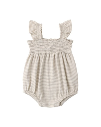 SMOCKED RUFFLE SLEEVE ROMPER OAT MICRO STRIPE