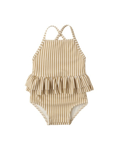 RUFFLED ONE-PIECE SWIMSUIT HONEY STRIPE SMALL