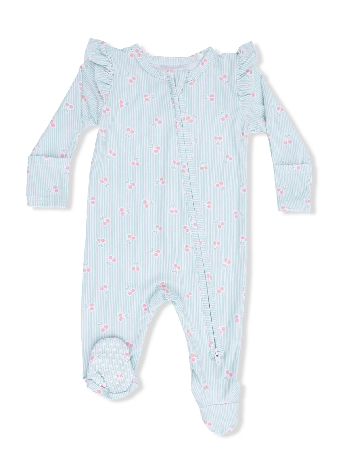 Tiny Cherry Stripe 2 Way Ruffle Sleeve Zipper Footie