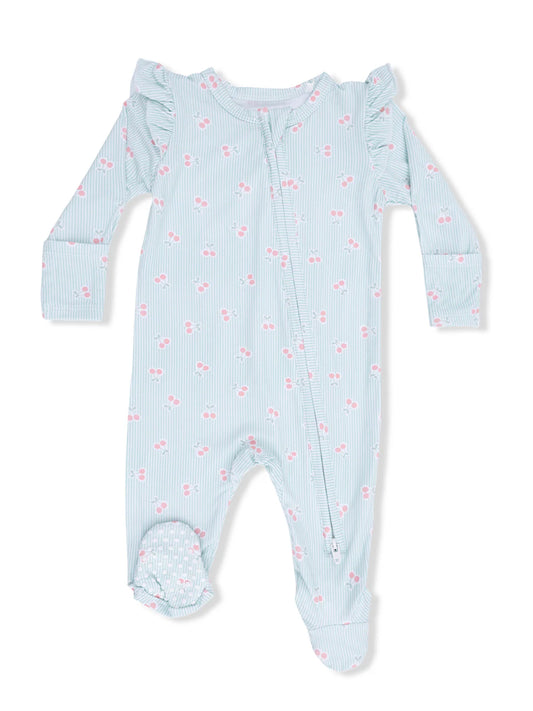 Tiny Cherry Stripe 2 Way Ruffle Sleeve Zipper Footie