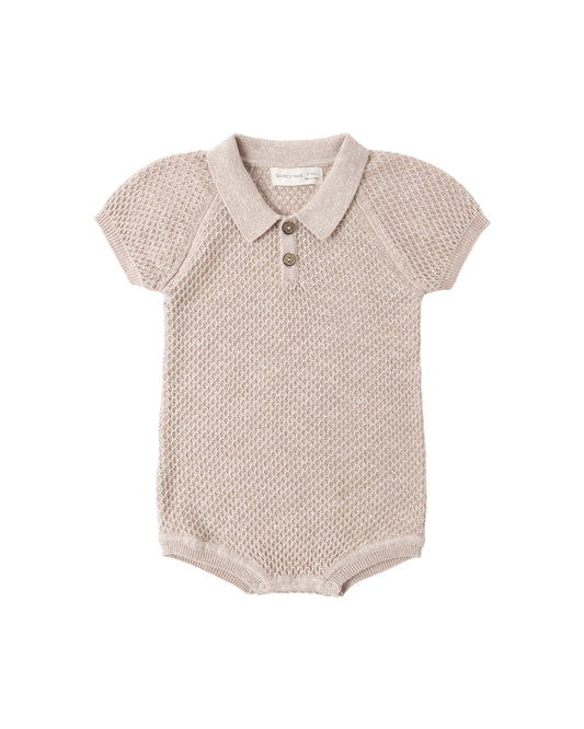 KNIT POLO ROMPER HEATHERED LATTE