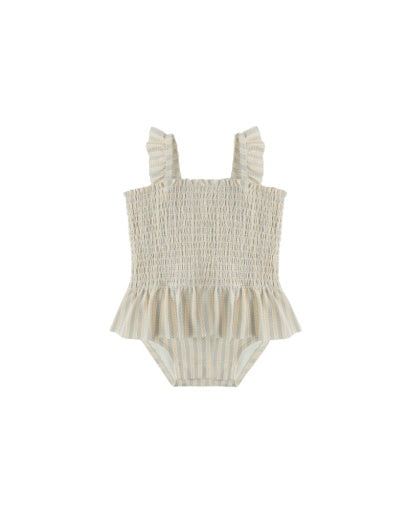 SMOCKED ONE-PIECE SWIMSUIT BLUE + BUTTERSCOTCH STRIPE